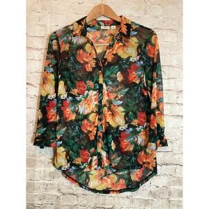 Cato Top Womens Medium Colorful Floral Mesh Button Up Semi Sheer Roll Tab Sleeve
